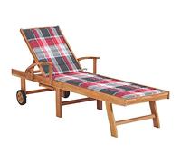 HETFTJN Lettino prendisole 195 x 59,5 cm, in legno di teak massiccio, resistente alle intemperie, schienale regolabile in 4 posizioni, colore rosso, a quadretti, per giardino, balcone o bordo piscina