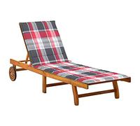 HETFTJN Lettino prendisole in acacia 200 x 63 x 85 cm, regolabile con ruote e ripiano, resistente alle intemperie, con imbottitura rossa, per balcone, giardino, piscina o campeggio