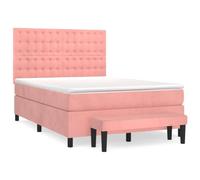 HETFTJN Letto a molle, 140 x 190 cm, con materasso e topper, letto imbottito in velluto rosa, set completo con panca e testiera regolabile, per un sonno riposante in camera da letto