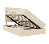 HETFTJN Letto portaoggetti da 120 x 190 cm, con materasso e topper, letto imbottito con sollevamento laterale idraulico, letto funzionale con contenitore, design moderno in crema, struttura in metallo