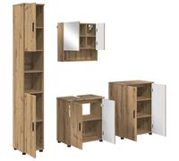 HETFTJN Mobile Bagno Sospeso 4 Pezzi, Set Arredo Rovere Artigianale | Soluzione salvaspazio a parete per il bagno, include specchiera, sottolavabo e due armadi in legno ingegnerizzato.