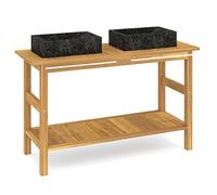 HETFTJN Mobile Bagno Teak con 2 Lavabi Marmo Nero 132x45x75cm | Mobiletto sotto lavabo in massello con corrimano portasciugamani e 4 gambe per il vostro bagno o toilette