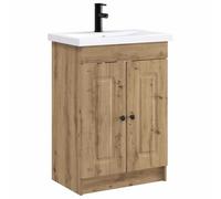 HETFTJN Mobile da Bagno 2 Pezzi con Lavabo e Rubinetto Rovere Artigianale | Set lavabo e mobiletto per stanza da bagno con anta a cerniera, ripiano interno e manopole nere in metallo compatto