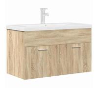 HETFTJN Mobile Lavabo Sospeso 80 cm con Rubinetto Rovere Sonoma Set 2 pz | Mobiletto sospeso per bagno moderno con lavabo in ceramica bianca, vano contenitore e rubinetto incluso, salvaspazio.
