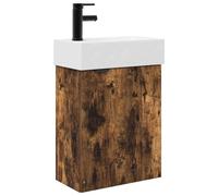 HETFTJN Mobile sottolavabo da bagno con lavabo in ceramica e rubinetto nero, moderno set di mobili da bagno da appendere alla parete, mobiletto sottile largo 45,5 cm, design in rovere affumicato