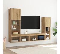 HETFTJN Mobile TV con Luci LED Integrate Blu, Rovere Artigianale, Set 3 Pezzi: Mobile Principale 40.5x30x102 cm + 2 Armadi 80x30x30 cm, per Soggiorno Moderno, Design Elegante con 12 Ripiani e 6 Porte