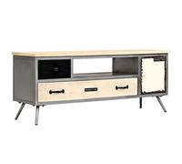 HETFTJN Mobile TV in legno massiccio Mango, Lowboard, 120 x 30 x 45 cm, design industriale e stile metà secolo, mobile multimediale con 2 cassetti, scomparto e struttura in acciaio, per soggiorno