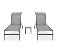 HETFTJN Set 2 Lettini Prendisole con Tavolino in Textilene Acciaio Grigio | Set da giardino con schienale regolabile, ruote integrate per facilitare lo spostamento e tavolino da caffe incluso.