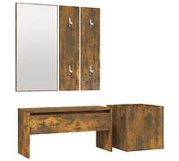 HETFTJN Set appendiabiti in rovere affumicato, 5 pezzi, con panca e cassetto, specchio da parete, 2 pannelli appendiabiti e fioriera, mobili da ingresso in legno, panca da 80 cm