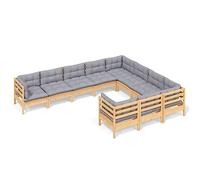 HETFTJN Set da 10 pezzi da giardino in legno di pino massiccio con cuscini grigi, divani angolari e centrali modulari, 63,5 x 63,5 cm, salvaspazio, per piccoli balconi, terrazze e giardini d'inverno