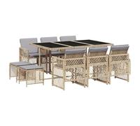 HETFTJN Set da 11 pezzi da giardino in polyrattan beige con tavolo in vetro da 165 x 106 cm e 6 sedie pieghevoli per balconi, terrazze, esterni, salone salvaspazio per piccoli balconi