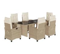 HETFTJN Set da 7 pezzi beige da giardino in rattan sintetico con tavolo in vetro da 190 x 80 cm e 6 sedie a sdraio regolabili da 110 kg, design moderno per balconi, terrazze, esterni, lounge