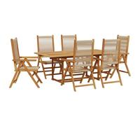 HETFTJN Set da 7 pezzi in legno massiccio di acacia e rattan sintetico, beige, 150 - 200 x 100 cm, sedie pieghevoli con funzione sdraio, set di mobili da balcone per giardino, terrazza e piccolo