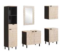 HETFTJN Set da bagno da 5 pezzi in legno massiccio di mango, con mobiletto sottolavabo, specchio, 2 armadi alti e pensile, superficie bianca lavata, design moderno