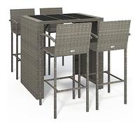 HETFTJN Set da bar da giardino, 5 pezzi, tavolo da bar con 4 sgabelli da bar, in polyrattan, per terrazza ed esterni, 105 x 80 x 110 cm, con piano in vetro temperato, grigio