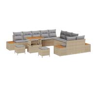 HETFTJN Set da giardino 13 TLG Beige Poly Rattan resistente alle intemperie, 90 x 55 x 71 cm, con spazio di archiviazione e divano in legno di acacia per giardino, balcone, terrazza