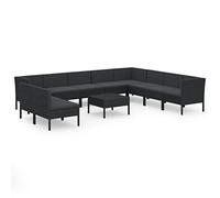 HETFTJN Set da giardino da 11 pezzi, in polyrattan, per terrazza e balcone, divano modulare per esterni con tavolo, 10 cuscini per seduta e 13 cuscini per lo schienale, nero
