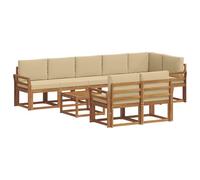 HETFTJN Set da giardino da 9 pezzi in legno di acacia, divano modulare per esterni con cuscino beige, massiccio gruppo di sedute per giardino e terrazza, 1 tavolo e 8 elementi di seduta