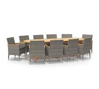 HETFTJN Set da pranzo da giardino, 11 pezzi, tavolo da giardino in legno di acacia, 280 x 90 cm e 10 sedie da giardino con cuscini, set da pranzo per giardino e terrazza, effetto rattan, grigio