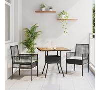 HETFTJN Set da Pranzo da Giardino 3 Pezzi Nero con Cuscini, Tavolo Quadrato e 2 Sedie da Esterno in Rattan Naturale, Set per Balcone Terrazzo Piccoli Spazi Esterni