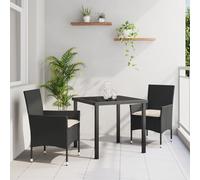 HETFTJN Set da Pranzo da Giardino 3 Pezzi Nero con Tavolo Vetro Temperato 80x80 cm e Sedie Rattan, Completo Cuscini per Balcone Terrazzo Piccoli Spazi Esterni