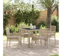 HETFTJN Set da Pranzo da Giardino 5 Pezzi con Cuscini Beige in Polyrattan, Tavolo Quadrato per 4 Persone con Piano in Vetro Temprato, Mobili da Esterno per Balcone Terrazzo Giardino
