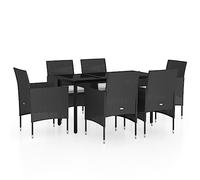 HETFTJN Set da pranzo da giardino, 7 pezzi, nero, 140 x 70 cm, con 6 sedie resistenti alle intemperie e cuscino da 4 cm, design moderno per balcone, terrazza o giardino