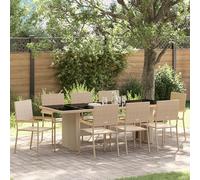 HETFTJN Set da Pranzo da Giardino 9 Pezzi Beige Tavolo in Vetro con Sedie Polyrattan Rettangolare per Esterno Capacità 8 Persone Design Moderno Resistente per Patio Balcone Terrazzo