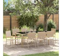HETFTJN Set da Pranzo da Giardino 9 Pezzi Rattan Beige con Cuscini, Tavolo in Vetro Temperato e Sedie Impilabili per Esterno, per Giardino Balcone Terrazzo