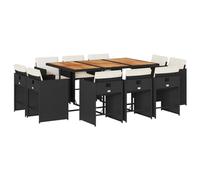 HETFTJN Set da pranzo da giardino in polyrattan con piano in legno di acacia, salva spazio per 10 persone, tavolo da giardino e sedie da giardino con cuscini per terrazza e giardino, colore nero