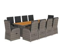 HETFTJN Set da pranzo da giardino in polyrattan con piano in legno di acacia, set da 11 pezzi, per 10 persone, tavolo da giardino e sedie da giardino regolabili con cuscini, grigio