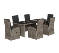 HETFTJN Set da pranzo da giardino in polyrattan grigio, 240 x 90 cm, 6 poltrone regolabili, spesse cuscini, tavolo in vetro temperato, moderno, per esterni, salvaspazio