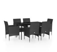 HETFTJN Set da pranzo da giardino, nero, 140 x 70 cm, con 6 sedie e cuscini, telaio in acciaio verniciato a polvere, in rattan resistente alle intemperie, balcone, terrazzo
