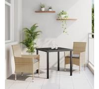 HETFTJN Set da Pranzo Giardino 3 Pezzi con Sedie in Polyrattan Beige e Tavolo Nero 80x80x73 cm Vetro Temperato, Sedie da Esterno per Balcone Patio Giardino Piccoli Spazi