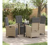 HETFTJN Set da Pranzo per Giardino 5 Pezzi con Sedie Beige in Rattan e Cuscini, Tavolo Nero 80x80x73 cm in Vetro Temperato, Acciaio Resistente per Esterno Balcone e Piccoli Ritrovi