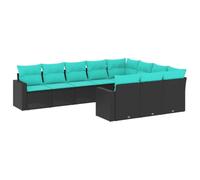 HETFTJN Set di 10 divani da giardino in polyrattan, colore nero, con cuscino blu, 55 x 55 x 37 cm, divano ad angolo, divano centrale e braccioli, modulo per piccoli balconi, terrazze, giardini