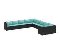 HETFTJN Set di 10 divani in rattan nero, 63 x 63 cm, modulo angolare e centrale, resistente alle intemperie, cuscino blu acqua, balcone, terrazza, piccoli spazi esterni