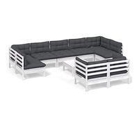 HETFTJN Set di 10 pezzi da giardino in pino bianco antracite, cuscino da 63,5 cm, cubo, balcone, terrazza, salvaspazio, combinabile in legno massello per esterni Relax