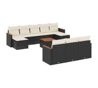 HETFTJN Set di 11 divani da giardino in polyrattan nero, set di mobili da giardino modulare con tavolo in legno di acacia e vano portaoggetti, include cuscini per seduta e schienale per terrazza ed