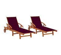 HETFTJN Set di 2 sedie a sdraio in legno di acacia pieghevole con ruote e cuscini rosso vinaccia, 199 x 67 x 85 cm, resistente alle intemperie, per balcone, piscina, terrazza e campeggio all'aperto
