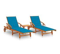 HETFTJN Set di 2 sedie a sdraio pieghevoli in legno di acacia con tavolo e cuscini blu, 199 x 67 x 85 cm, resistenti alle intemperie, per giardino, terrazza, balcone e piscina