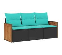 HETFTJN Set di 3 divani da giardino in polyrattan nero, 55 x 62 x 69 cm, con cuscini blu lavabili, modulari, per balcone, terrazzo, resistente alle intemperie, salvaspazio