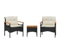 HETFTJN Set di 3 divani da giardino in polyrattan nero con tavolo in legno di acacia, 40 x 40 cm, cuscini imbottiti resistenti alle intemperie, per piccoli balconi, terrazze o giardini d'inverno