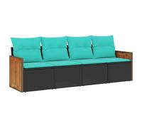 HETFTJN Set di 4 divani da giardino in polyrattan nero con cuscini blu da 55 cm, mobili modulari per balcone, terrazza e giardino d'inverno