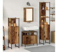 HETFTJN Set di 4 mobili da bagno in legno anticato 56,8 kg, montaggio a parete con ripiano e specchio piatto, mobili moderni da bagno per piccoli bagni e corridoi