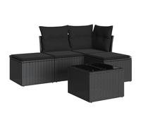 HETFTJN Set di 5 divani da giardino in polyrattan, colore nero, 172 x 117 cm, con ripiano in vetro e cuscino resistente alle intemperie, per balcone, terrazza, piccolo giardino