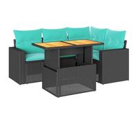 HETFTJN Set di 5 divani da giardino in polyrattan nero con tavolo regolabile, portaoggetti e cuscino resistente alle intemperie, salone salvaspazio per balcone, terrazza e piccoli giardini