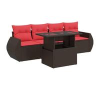 HETFTJN Set di 5 divani da giardino in rattan sintetico, colore marrone, 100 x 55 x 73 cm, con cuscino rosso, design resistente alle intemperie, per balcone, terrazza e piccoli giardini