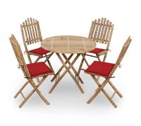 HETFTJN Set di 5 sedie pieghevoli da giardino con cuscini, tavolo rotondo in bambù con 4 sedie pieghevoli per balcone, terrazza e esterni, mobili in bambù sostenibile con cuscini rossi