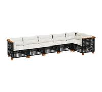HETFTJN Set di 6 divani da giardino in polyrattan nero, 63,5 x 63,5 cm, moderno e modulare, con cuscino bianco crema, robusta base in legno di acacia per balcone, terrazza e giardino